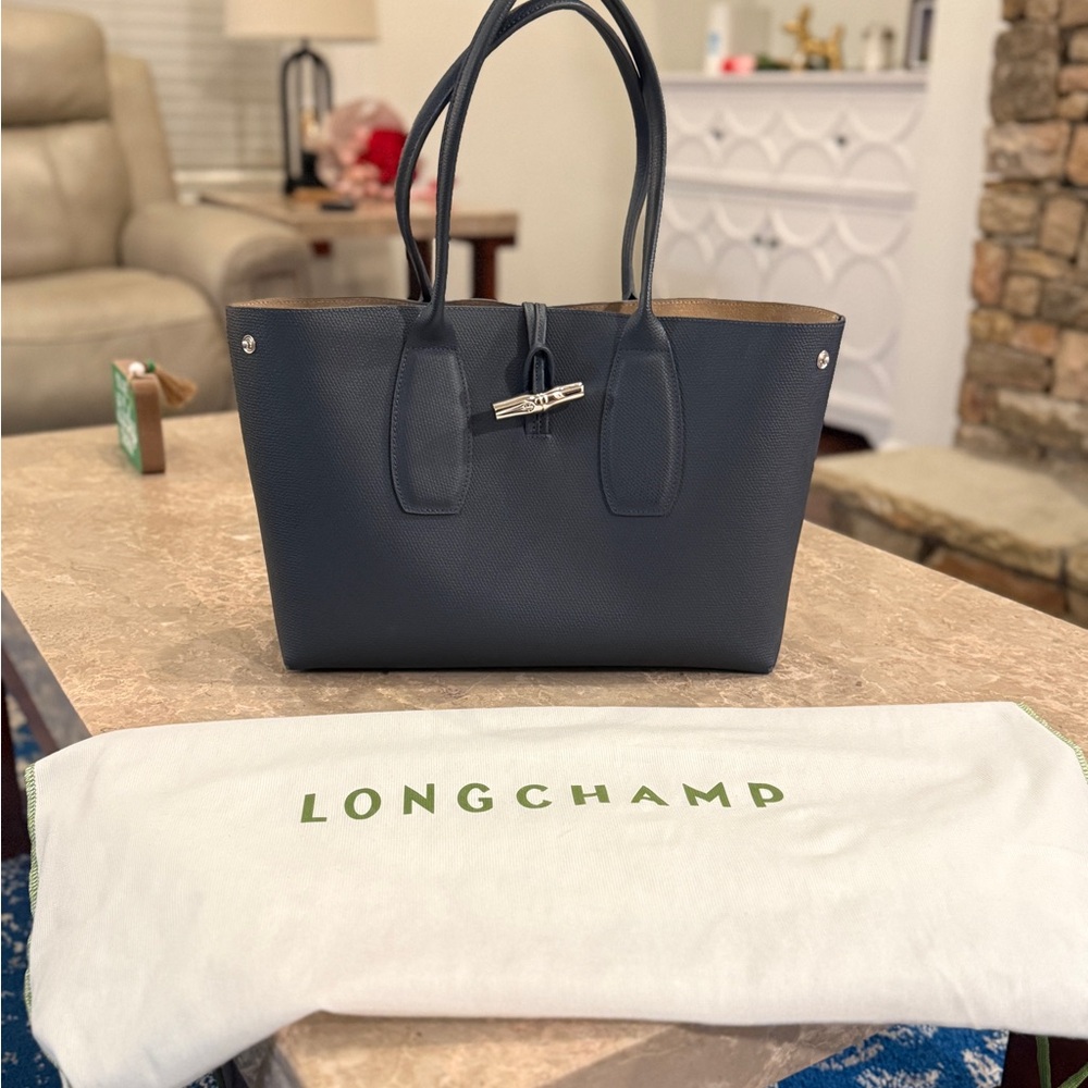 Longchamp Le Roseau Navy Pebbled Leather Tote with Silver Hardware
